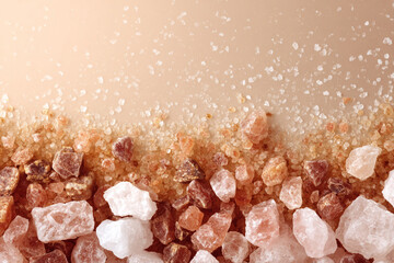 Pink Himalayan salt crystals and grains texture background