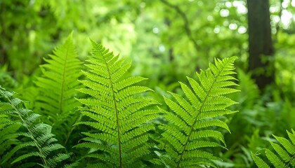 Lush fern foliage in a vibrant green forest