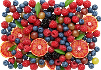Vibrant assortment of fresh berries and citrus slices macro photography transparent background