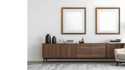 Modern living room display with artwork and elegant furniture arrangement