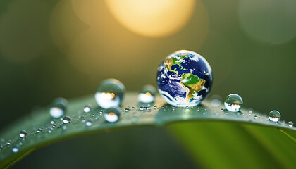 Earth globe reflected in water droplet on green leaf in sunlight  