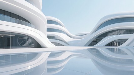Modern architectural structure with flowing white curves and reflective water surface