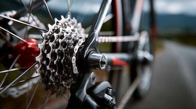Closeup of a bicycle chain and gears on a road with blurred background