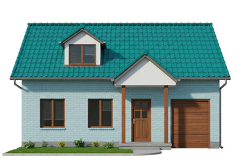 Isolated single-family dwelling, rendered 3D model of a small house with colored roof tiles
