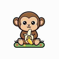 Playful vector monkey with banana icon in child book style. Fun, colorful, and charming 2D illustration, perfect for kids’ stories, learning materials, nursery decor, and creative design projects