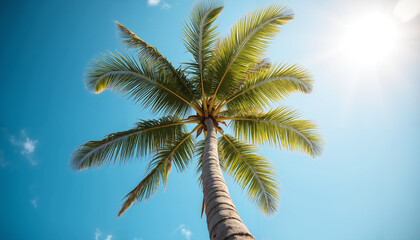 Obraz premium Tall palm tree against blue sky with bright sunlight above 