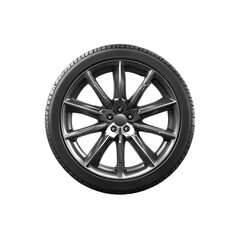 Obraz premium Modern alloy car wheel with black rubber tire isolated on a transparent background, in a PNG format