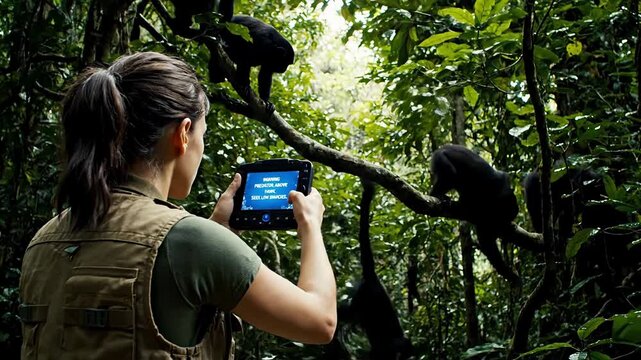 In a vibrant rainforest at dawn, a wildlife researcher quietly observes and captures images of playful howler monkeys in their natural habitat, surrounded by lush greenery.