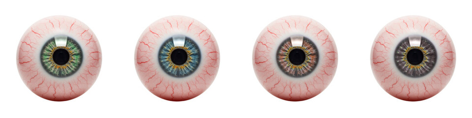 Close-up of four realistic human eyeballs on white background  