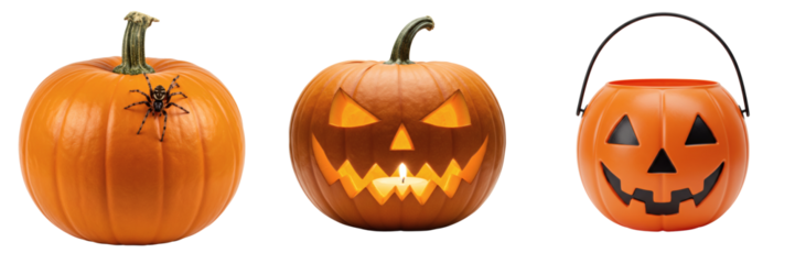 Pumpkin bucket, Spider on pumpkin, Jack-o'-lantern isolated on transparent background  