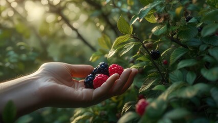 Handful of berries in sunlit garden