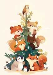 Fototapeta premium Cute forest animals christmas illustration woodland.
