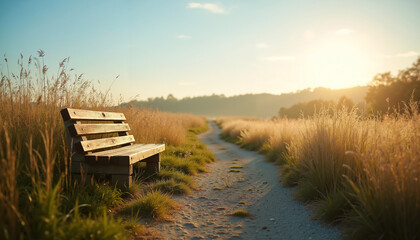 Wooden bench on footpath at sunset  