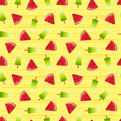 Seamless pattern of red sliced ​​watermelon and refreshing green ice cream. Background with yellow stripes and polka dots for food and beverage product packaging, product advertising, wrapping paper