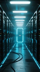 Server room with illuminated corridor and glowing blue lights
