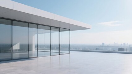 Modern glass-walled building with panoramic city view from rooftop terrace