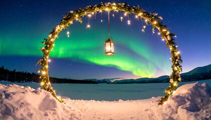 Observing Northern Lights Through Decorated Arch in Winter