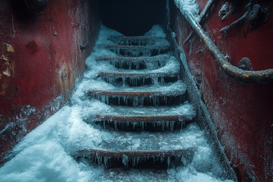 Ship's staircase in the middle of the frame.