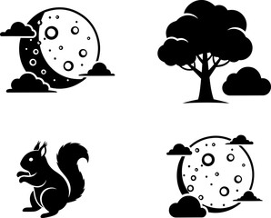 Whimsical silhouette icons full moon majestic tree bushy-tailed squirrel and night sky elements for creative design projects