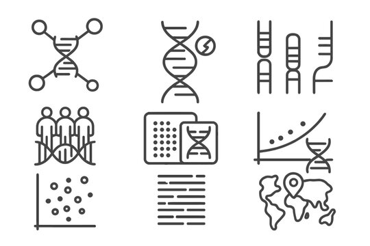 Genetic Engineering Icons. Line style icons of genetic engineering: genome-wide association, SNP icon, genetic linkage map,
