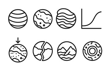 Exoplanet Line Icons. Line style icons of exoplanets: super-Earth icon, rocky terrain, thick atmosphere, exoplanet mass chart,