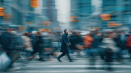 Blurred Motion of People Crossing Street in Urban Cityscape