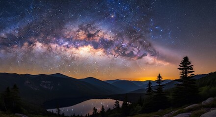 Milky Way Galaxy over a Serene Mountain Lake at Sunset.