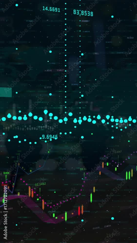 Aufkleber animation of statistic charts and data processing on black background