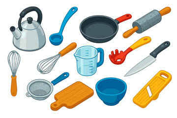 Colorful Kitchen Tools. Isometric vector illustration set of kitchen tools: steel kettle teapot, ladle, nonstick frying pan,