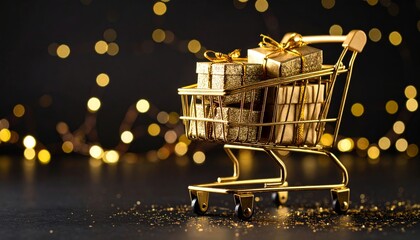 Luxurious Golden Shopping Cart with Presents and Festive Bokeh