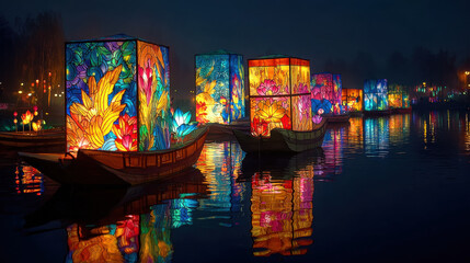 Naklejka premium Colorful illuminated lanterns floating on water in boats at night, surrounded by vibrant floral designs and reflections creating a magical festive atmosphere.