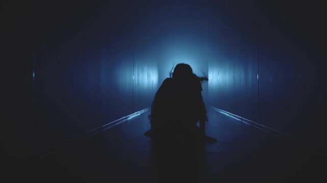 dark silhouette scared excited woman running away along black corridor hall. Adult girl in long dress stumbles falls crawl on all fours horror creepy night mad scene lightning blue color light film