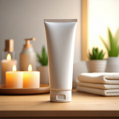 Facewash Tube Mockup – Blurred Spa Background