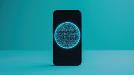 A smartphone displays a glowing blue spherical network design against a teal background, symbolizing technology and connectivity.