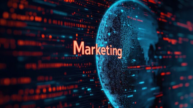 A digital representation of a globe with data streams, highlighting "Marketing" in an eye-catching design.