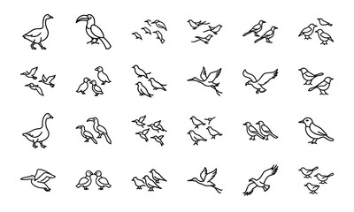 Collection of Bird Silhouettes in Line Art Style – Flying Birds, Pairs of Birds, Flocks, and Individual Bird Icons on White Background