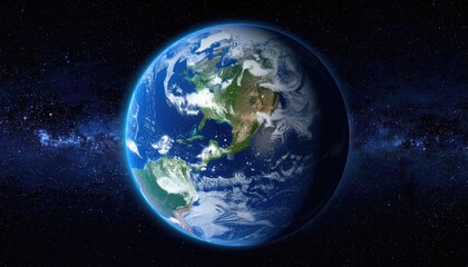 Naklejka premium Realistic Earth Globe with Detailed Continents Oceans and Clouds in a Starry Night Sky