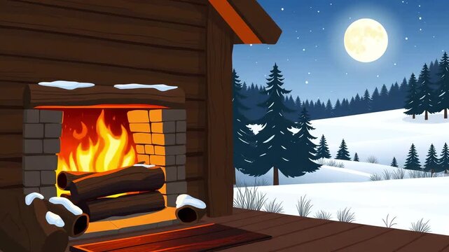 A fireplace with burning wood in a wooden house against the backdrop of a pine forest in winter, snowfall. Cartoon vector style. Winter relaxation
