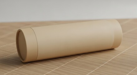A cardboard tube mockup lies on a bamboo mat with a plain white background, captured in a product photography style with a neutral color palette.