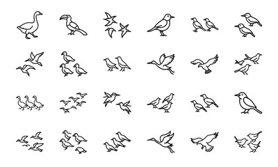 Collection of Bird Silhouettes in Line Art Style – Flying Birds, Pairs of Birds, Flocks, and Individual Bird Icons on White Background
