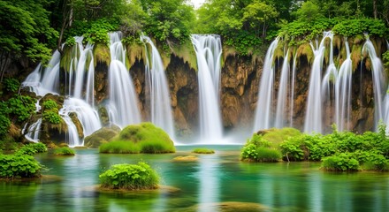 Obraz premium Waterfall in the forest park with flowing river and rocks