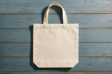 White Tote Bag Mockup – Blue Wooden Table