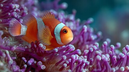 A cute clownfish swimming among the tentacles of a magnificent sea anemone