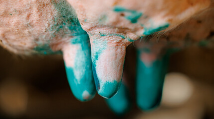 Closeup iodine brilliant green on cow udder for disinfection and health care vs mastitis.