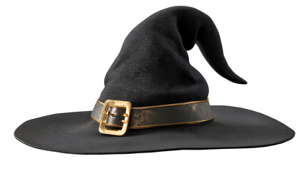 3D Rendering of a Classic Black Witch Hat with a Golden Buckle and Textured Fabric, Isolated on a Transparent Background, Ideal for Halloween and Fantasy Themes
