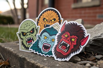 Four spooky monster stickers with fangs and scary faces