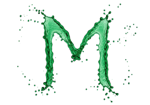 Isolated green liquid splash font, letter M water alphabet, abstract art, artistic shape