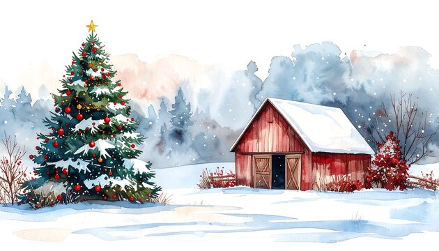 Watercolor painting of a snowy winter scene with a Christmas tree and a red barn
