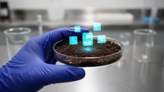 Scientist analyzes soil nutrients with digital overlay showing plant growth indicators in lab - Powered by Adobe