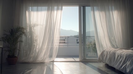 Serene bedroom with flowing sheer curtains, bright sunlight, and a scenic balcony mountain view